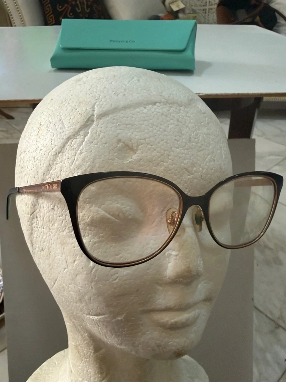 Tiffany & Co Black and Rose Gold Cat-Eye Glasses with Aqua Temples made in Italy